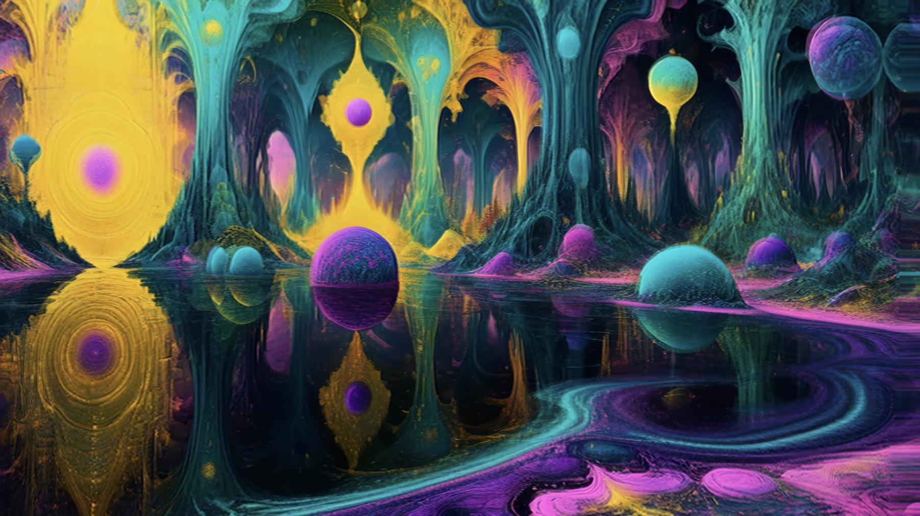 Luminous spheres floating on a reflective surface within a cavern of vibrant colors, a scene from a 4K trippy screensaver for LSD.